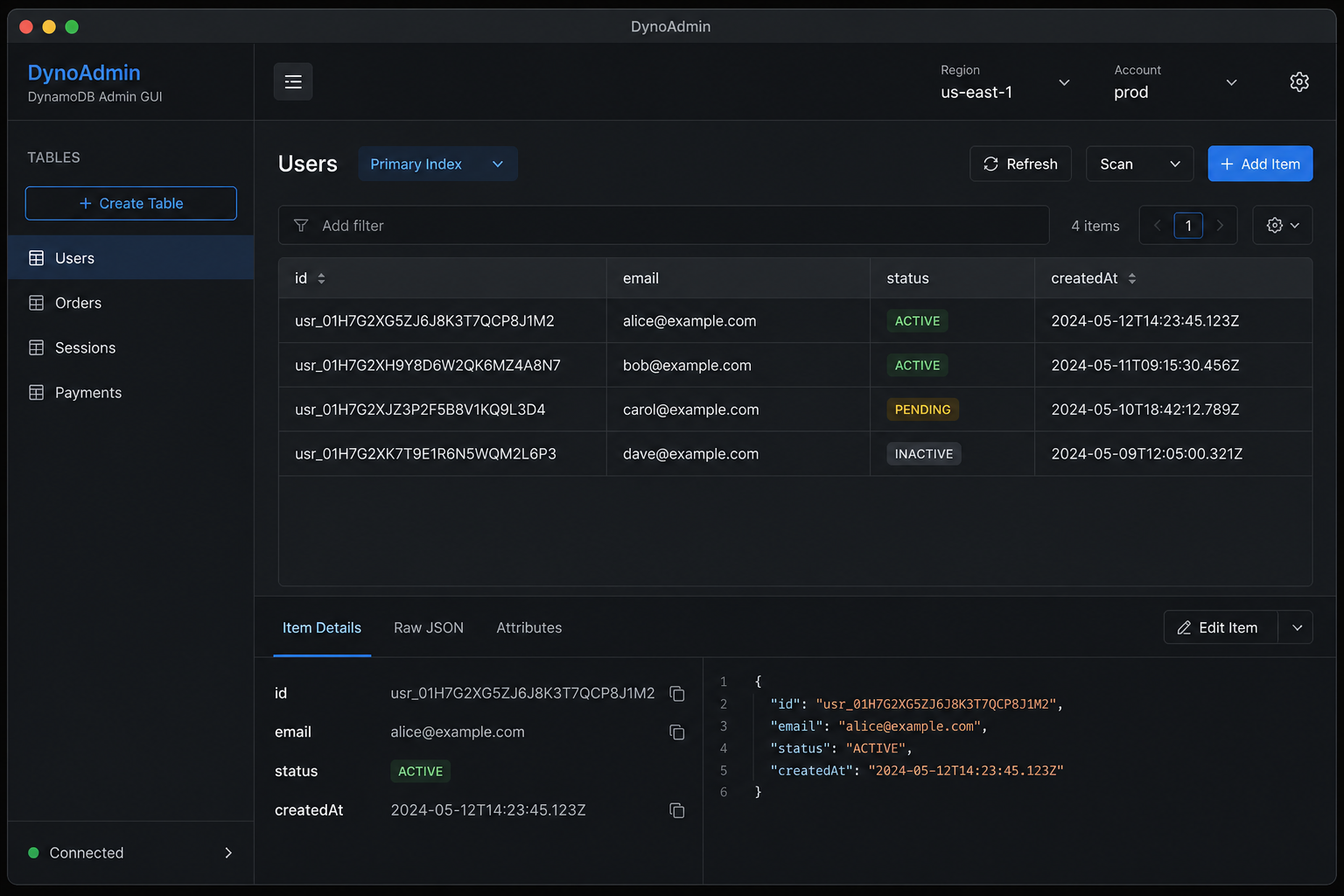 DynoAdmin desktop workspace showing DynamoDB tables, query results, and PartiQL editor